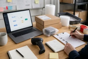Integrated ecommerce operations workspace with order dashboard supplier papers product checks parcels and tracking notes