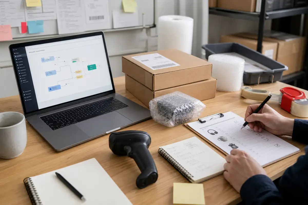 Integrated ecommerce operations workspace with order dashboard supplier papers product checks parcels and tracking notes