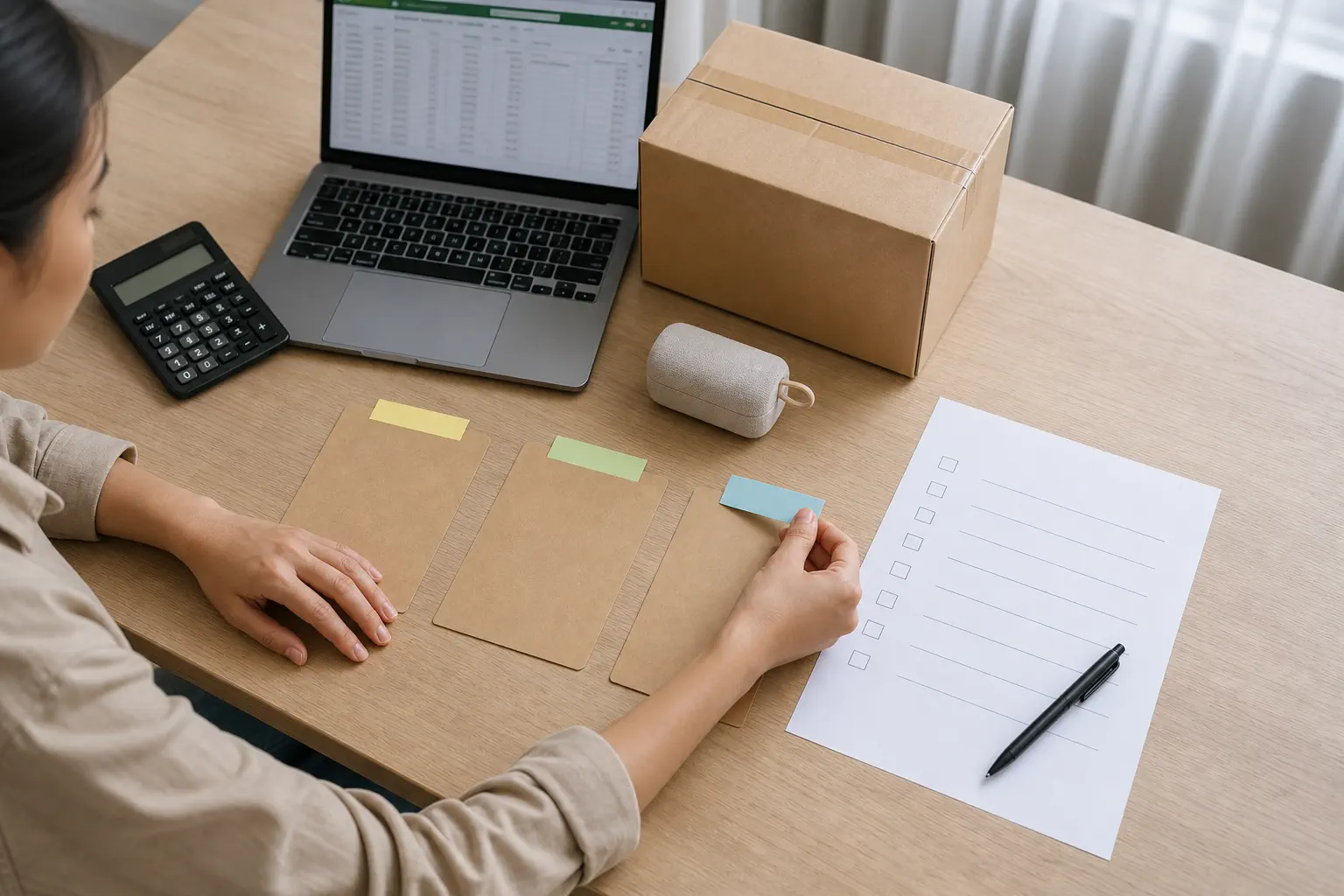 A Shopify operator preparing an agent interview with an evidence checklist and sample parcel
