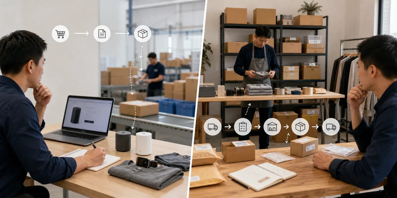 A split workflow compares direct single-order supplier dispatch with a private-agent workflow for checking, storing, packing, and shipping individual parcels