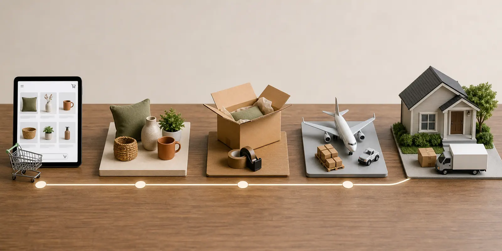 An ecommerce seller maps the order journey from an Australian storefront to product sourcing, packing, international shipping, and customer delivery