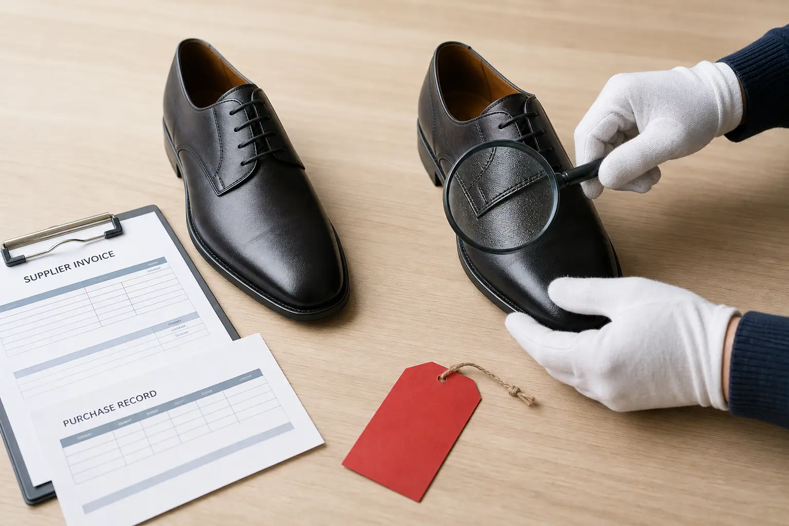 Two unbranded leather shoes are checked beside supplier invoices and a warning tag