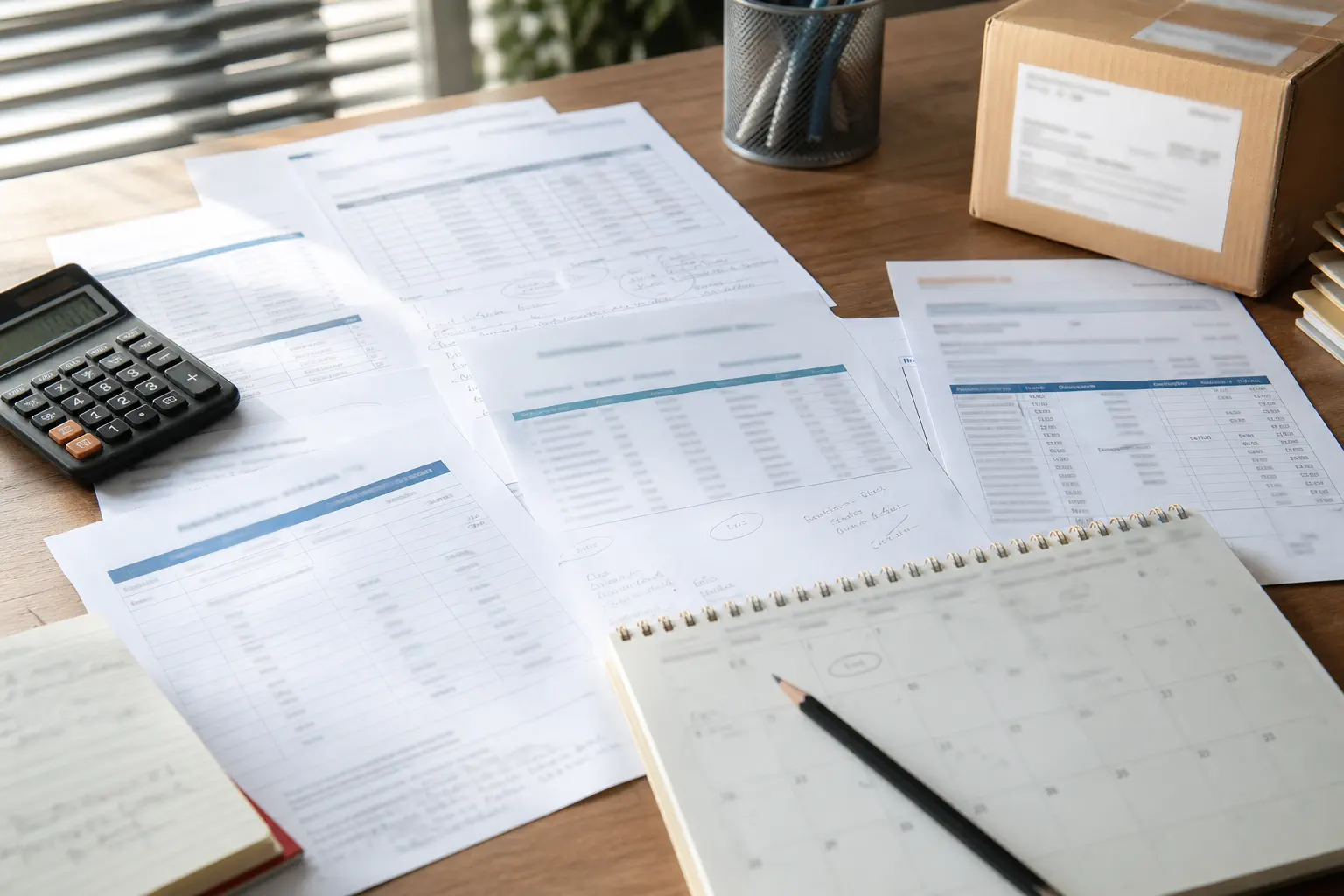 Parcel scale, rate sheets, calendar, and calculator used to review changing shipping quotations