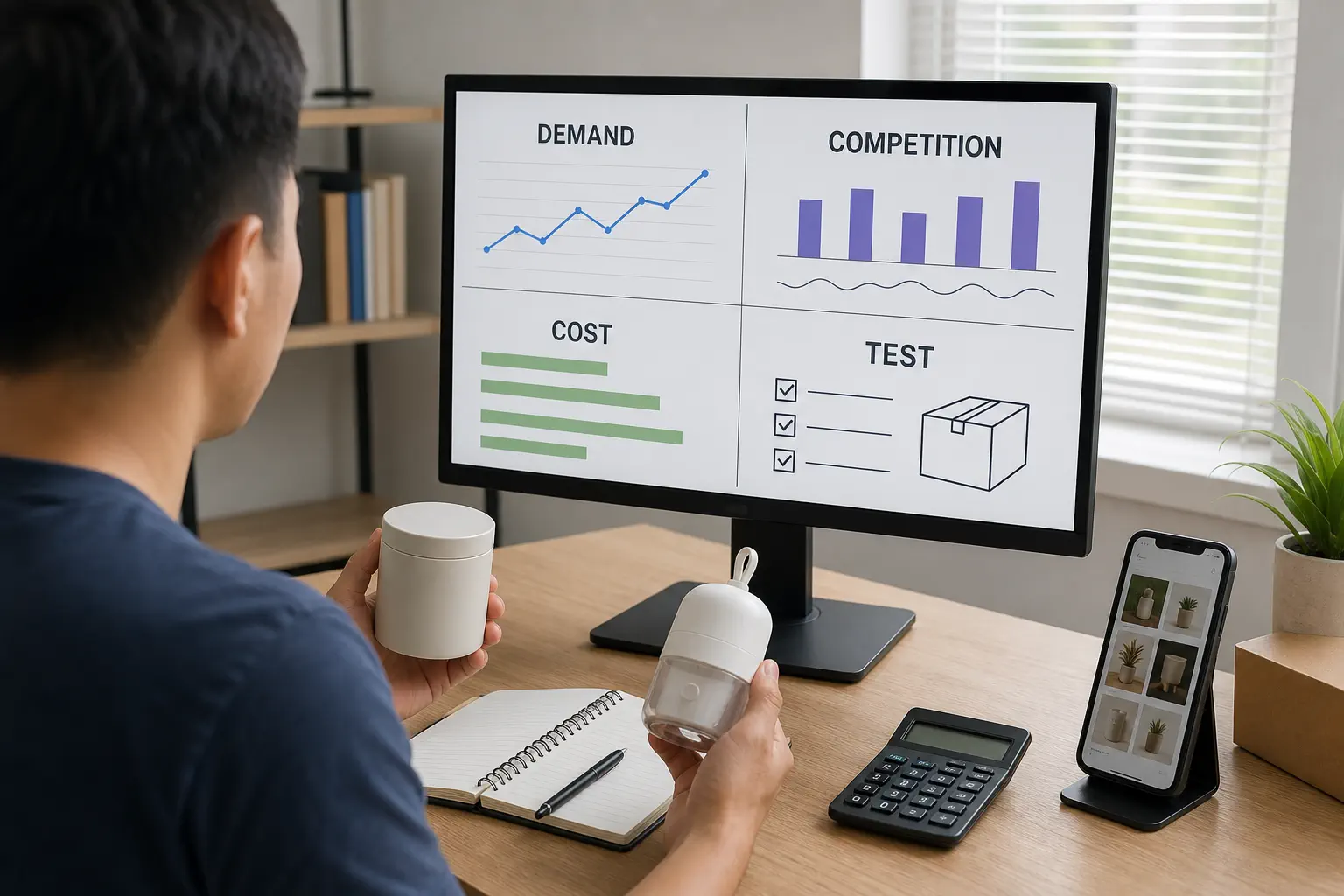 A seller compares product samples with a screen showing demand, competition, cost, and test panels