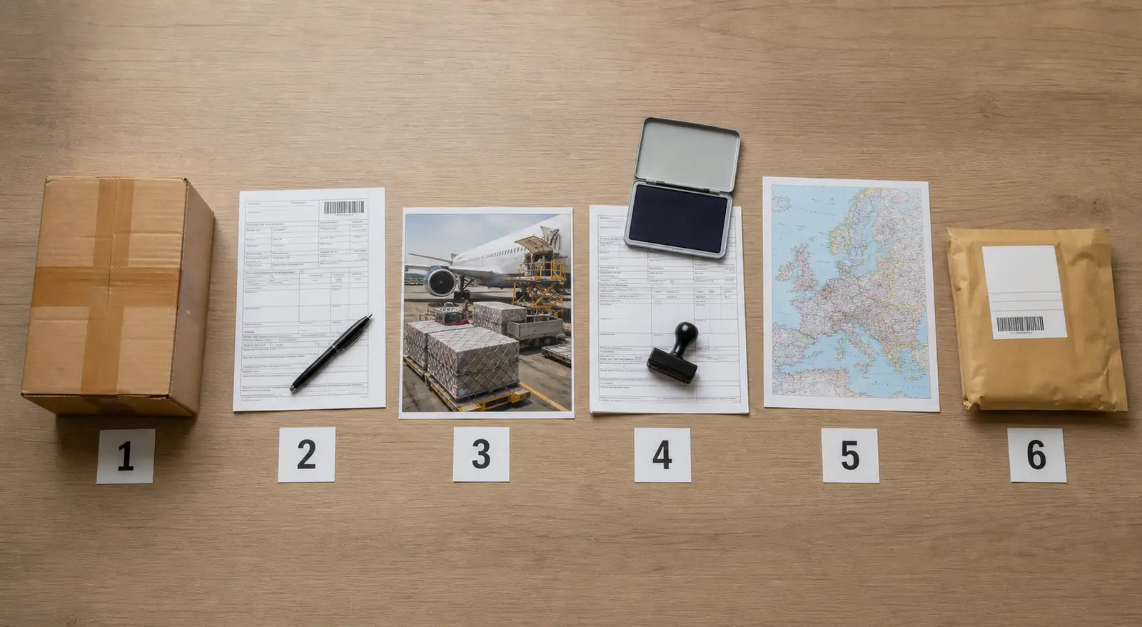 Six physical stages of an EU parcel customs route arranged from origin documents to local delivery