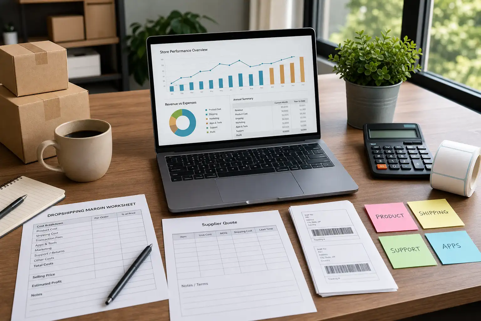 Margin review desk for a Shopify dropshipping store showing supplier quote shipping support and app cost notes
