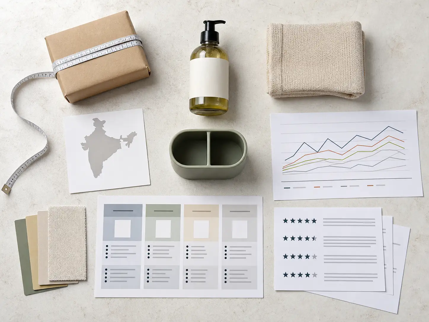An Indian ecommerce operator compares physical product samples, parcel measurements, customer-review notes, competitor offers, and demand trends