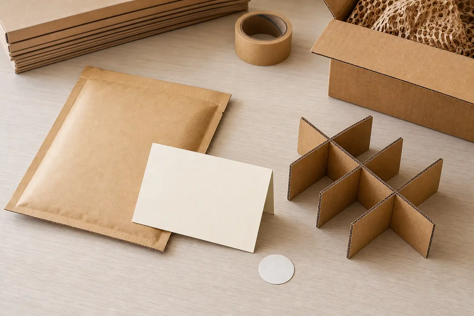 Branded card sticker and plain mailer arranged as a lightweight Shopify packaging system