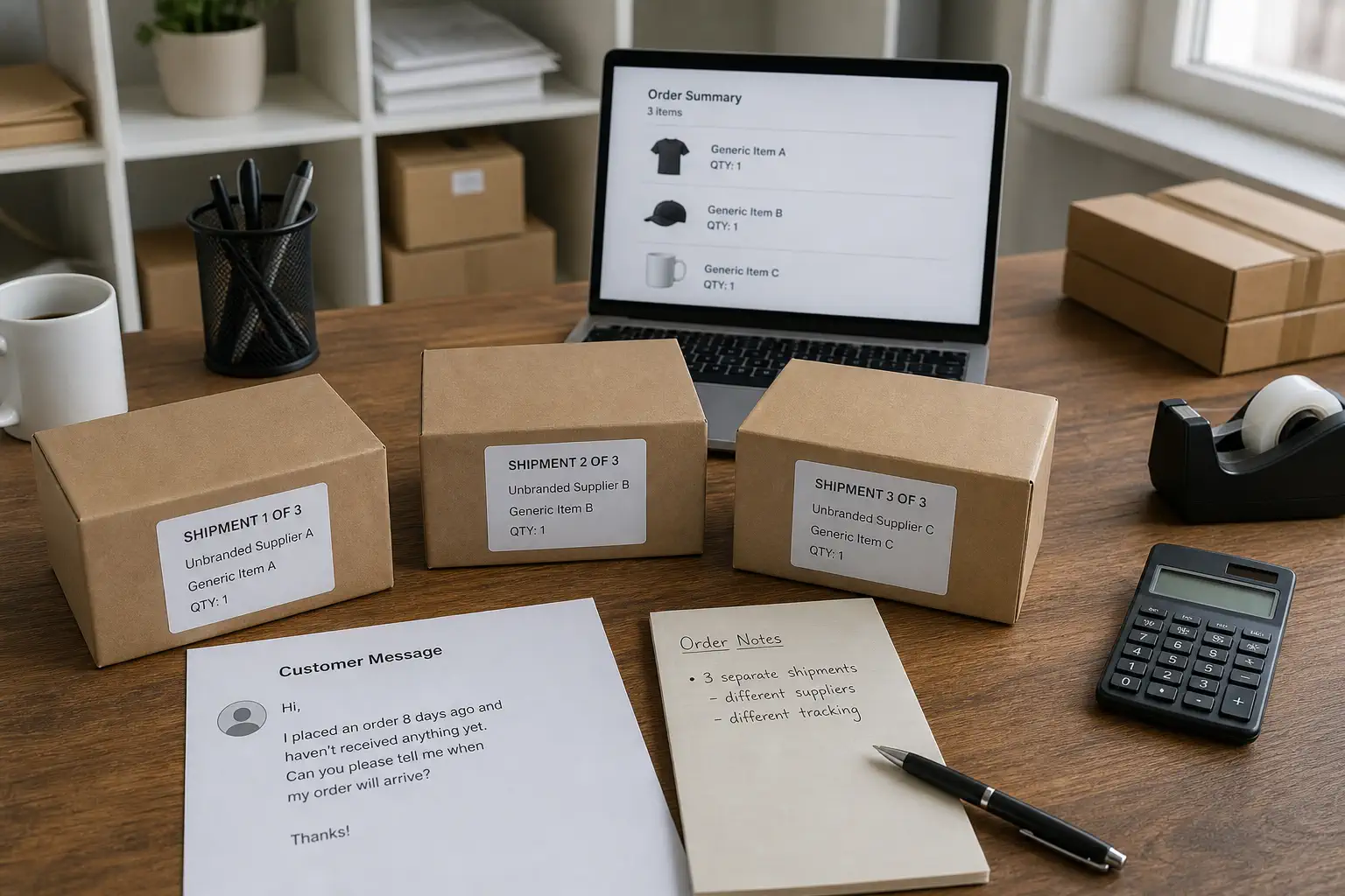 Three separate supplier parcels and a Shopify-style multi-item order workspace