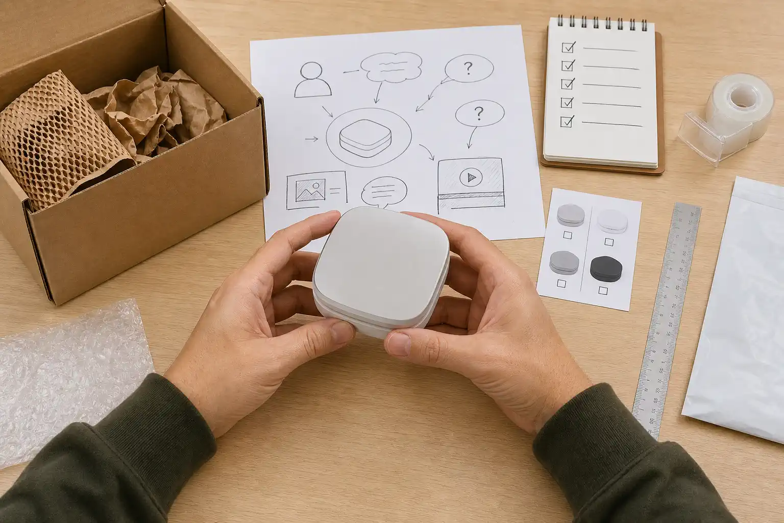 An ecommerce operator reviews an unbranded product sample, audience questions, content ideas, packing notes, and a supplier checklist