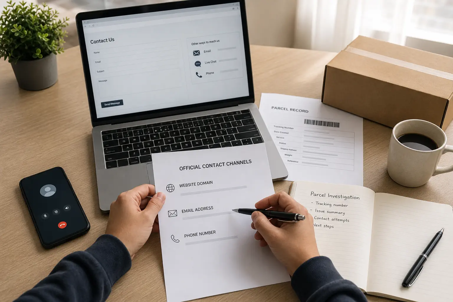An ecommerce operator checks official carrier contact channels beside a parcel record