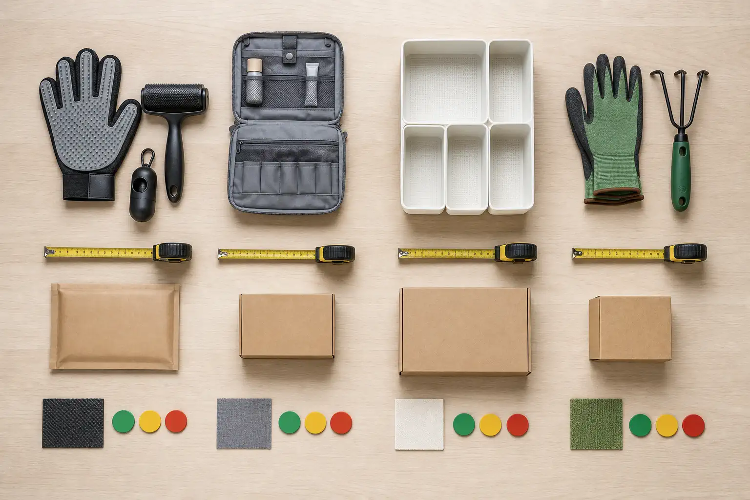 Four unbranded product candidate groups are compared with parcel sizes, material samples, and decision tokens