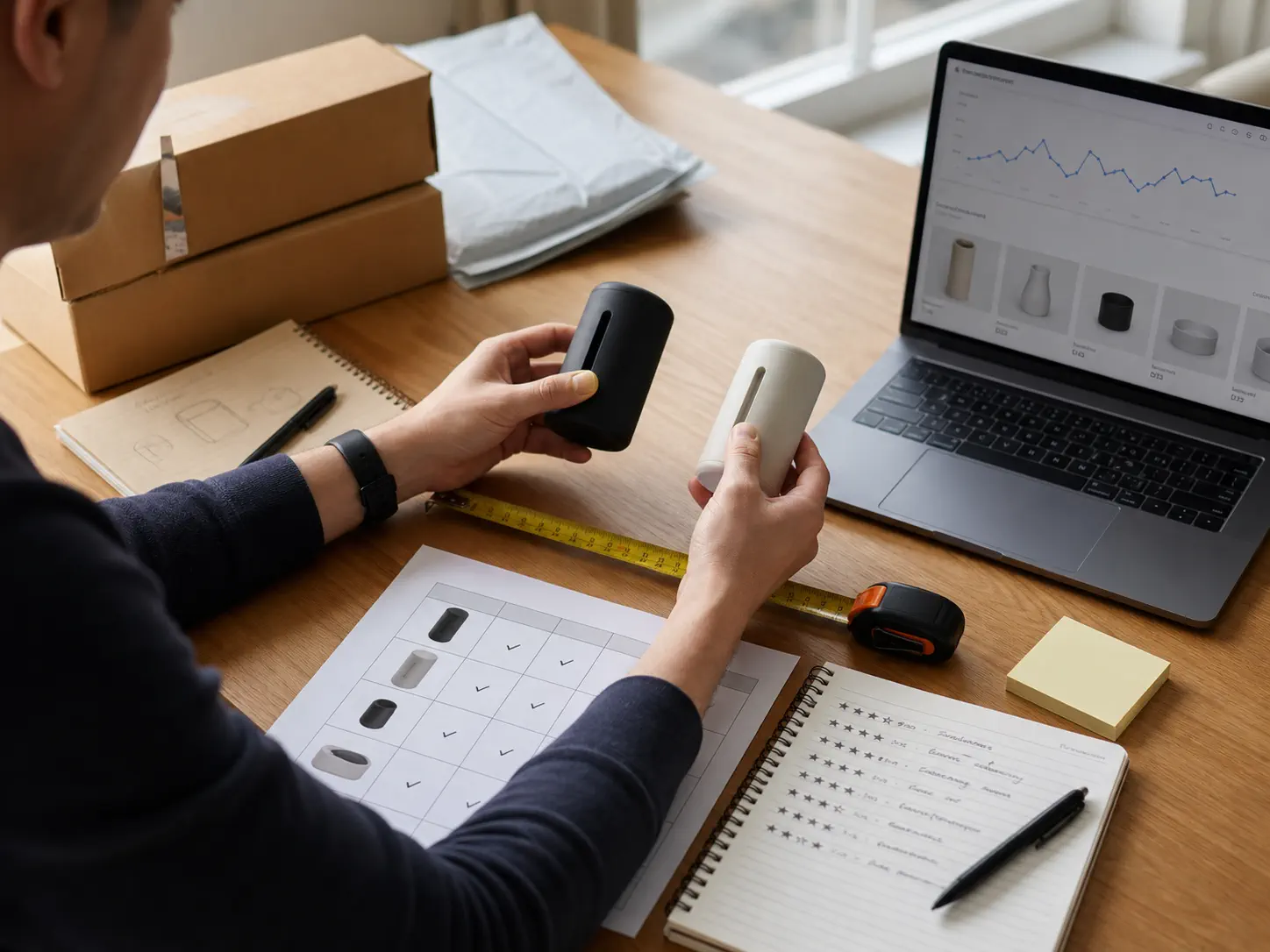 An ecommerce operator compares physical samples, parcel dimensions, customer-review notes, competitor listings, and a UK demand trend