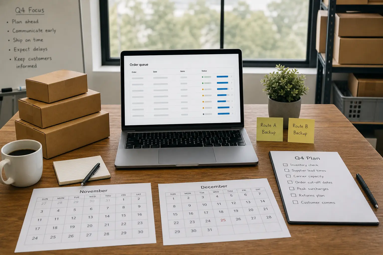 Holiday logistics planning desk with route backup notes and Q4 order checklist