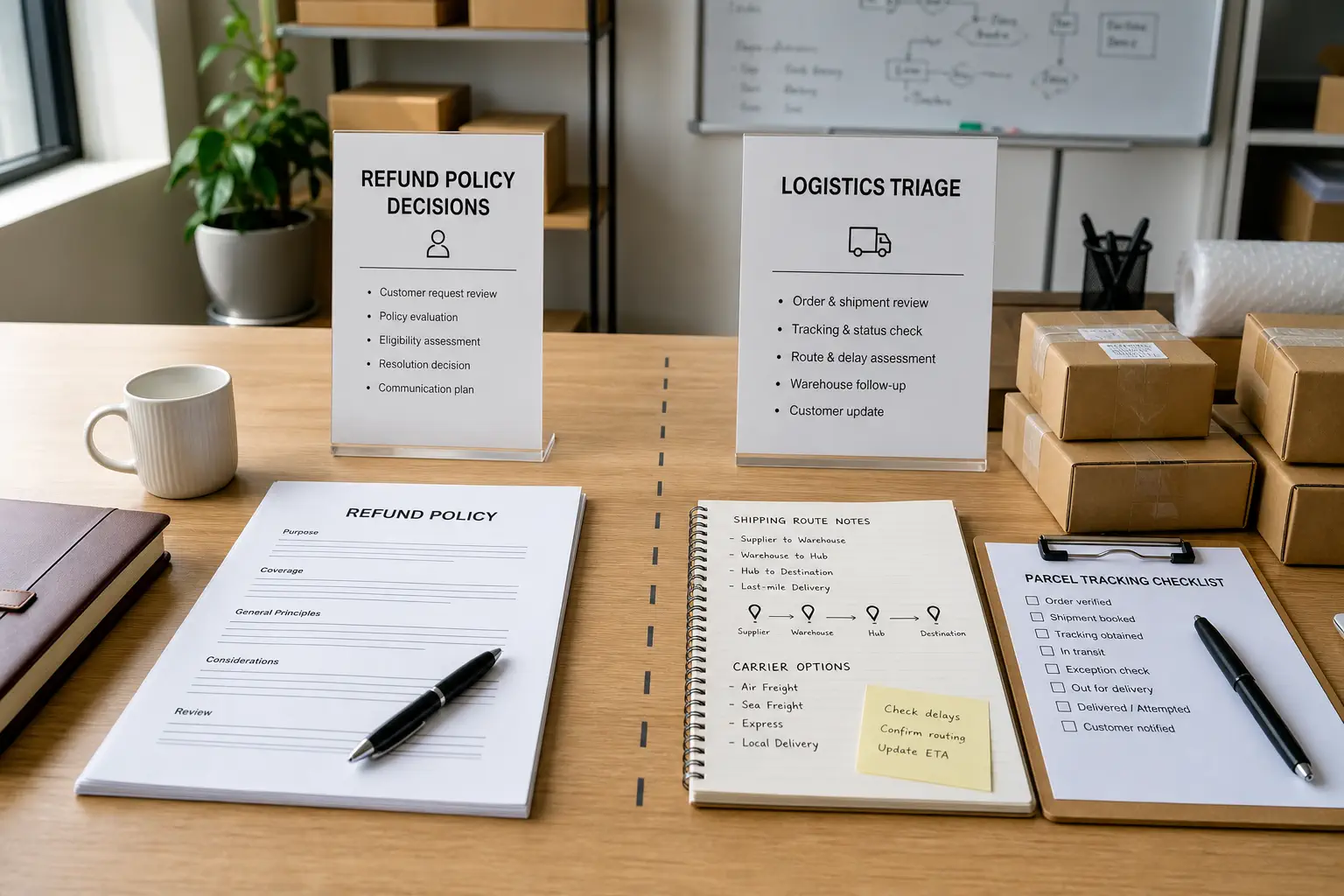 Refund policy notes separated from logistics triage records