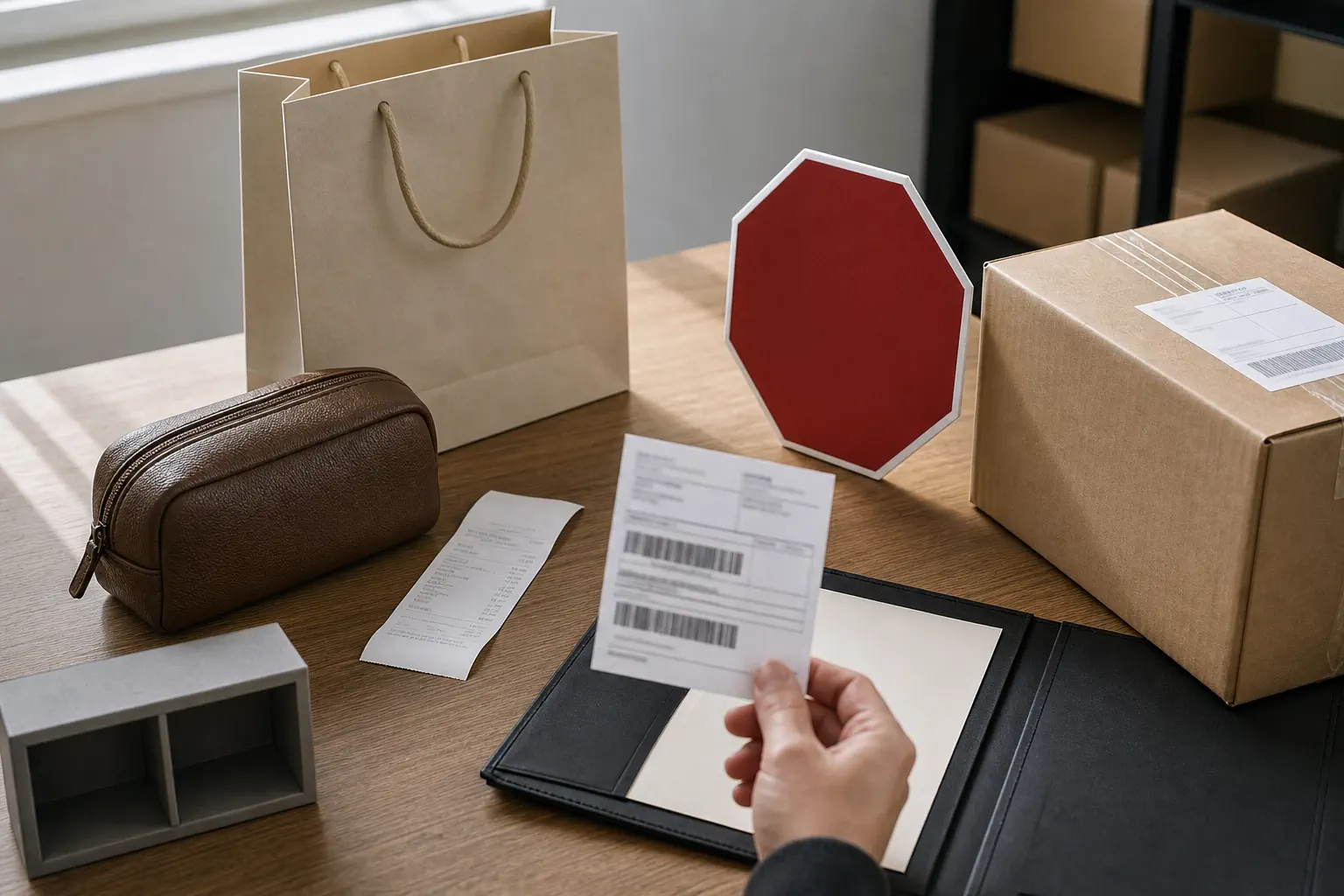 A consumer retail purchase is separated from a customer parcel by missing commercial documentation and a red stop card