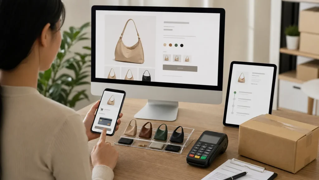 An ecommerce operator reviews a connected storefront, product catalog, mobile checkout, and order handoff at one worktable