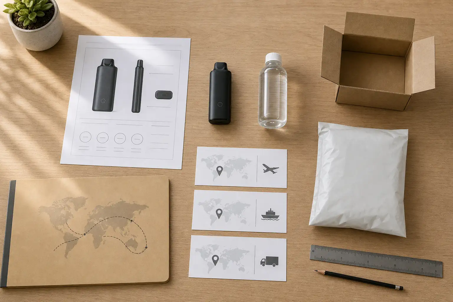Product route review desk with a battery device, liquid bottle, documents, and destination cards