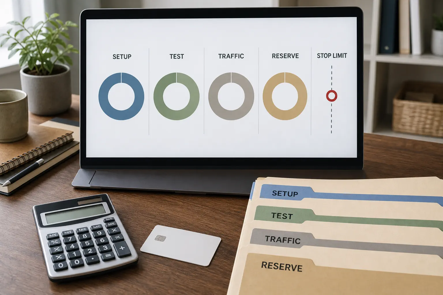 A realistic desk dashboard separates setup product test marketing and exception reserve budgets without invented numbers