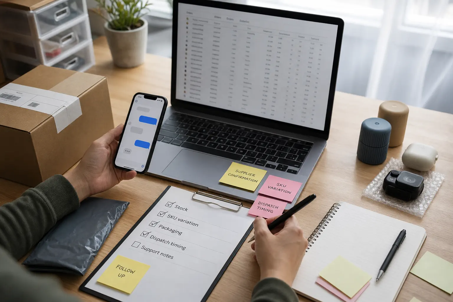 Ecommerce operator reviewing supplier confirmations, order notes, and parcel details on a practical operations desk