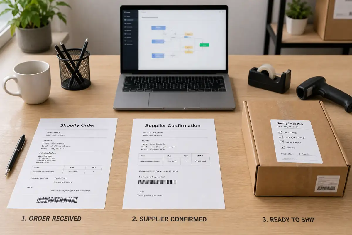 Operations desk showing order data, supplier confirmation, and a packed parcel ready for shipment