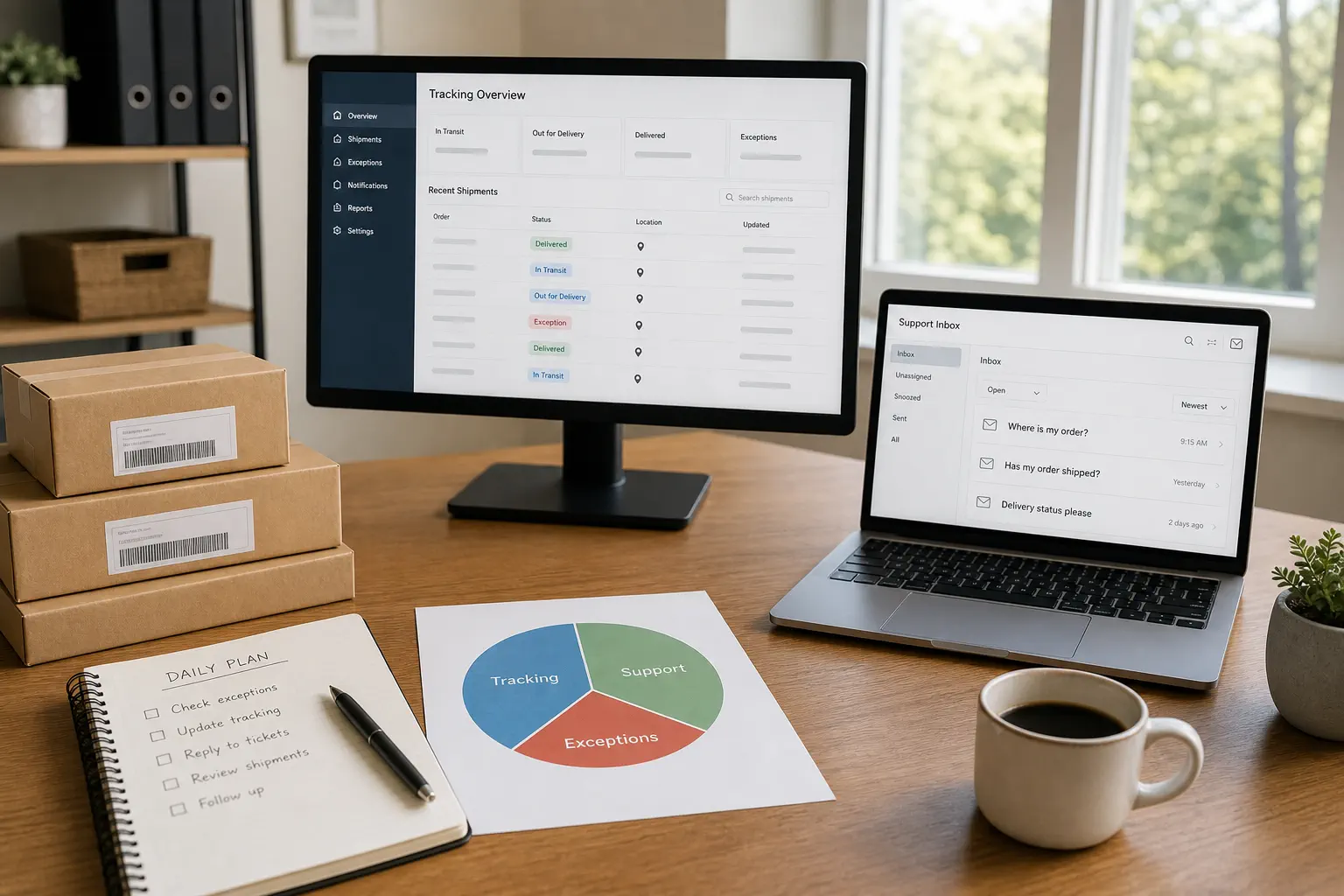 Tracking dashboard and support inbox showing fewer repetitive order-status questions
