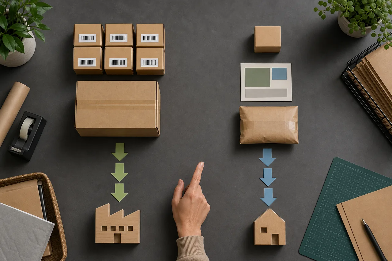 A seller compares an Amazon inventory shipment workflow with a supplier-direct order workflow on a desk