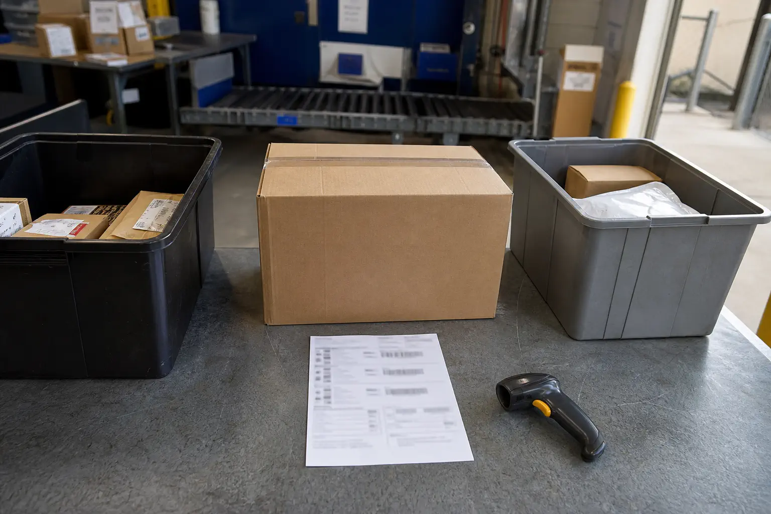 A parcel handoff desk comparing a YunExpress record with USPS and regional carrier labels