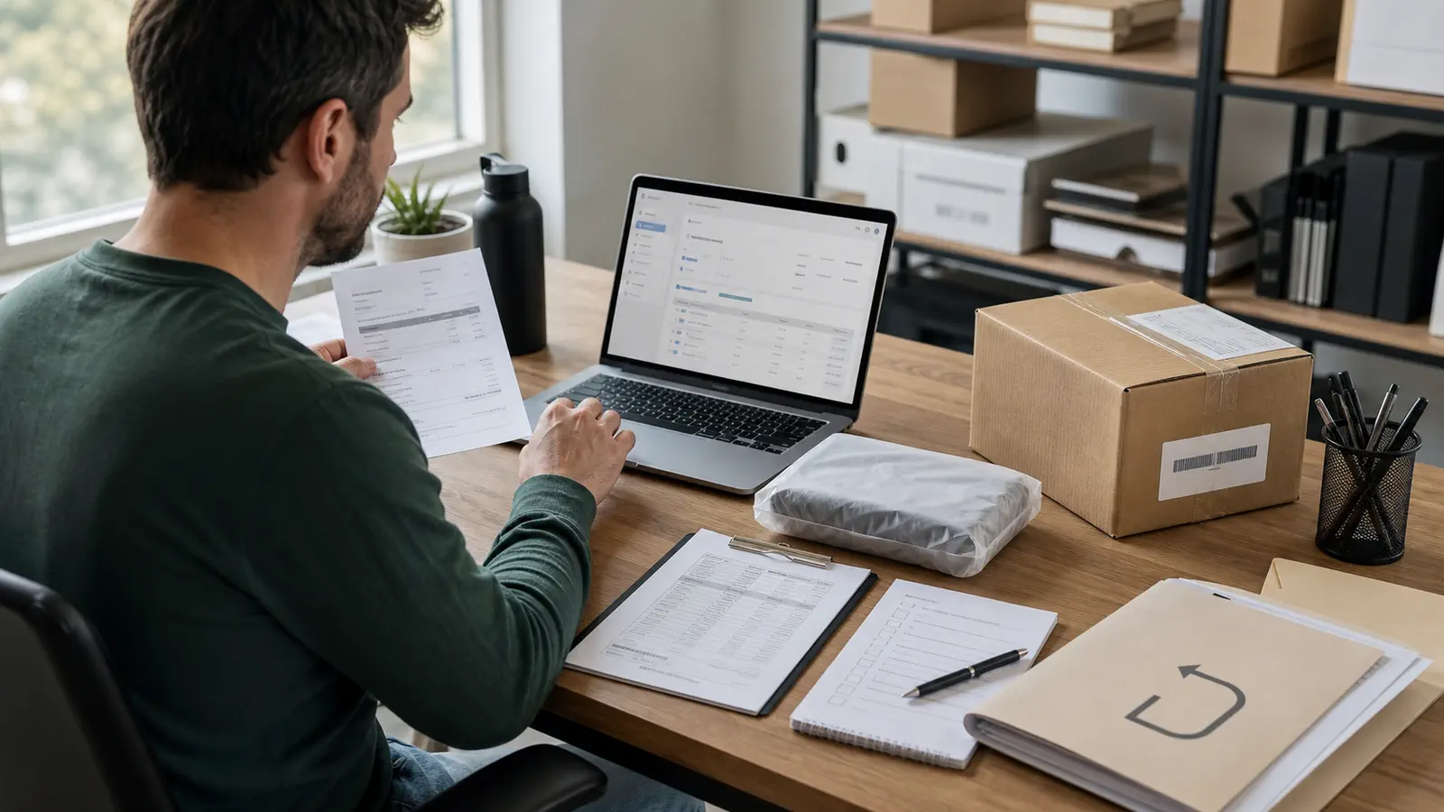 An ecommerce operator reviews supplier documents, an unbranded product sample, a neutral parcel, and a return checklist before listing