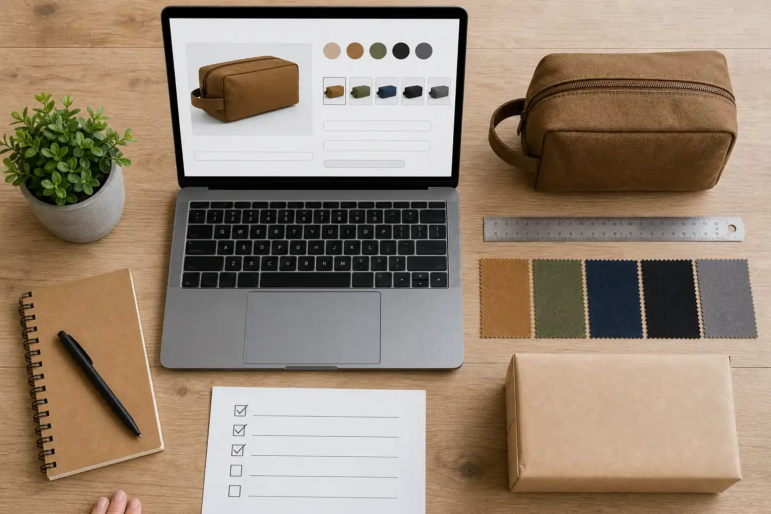 A Wix store setup desk with an unbranded product sample, supplier listing, variant notes, and shipping checklist