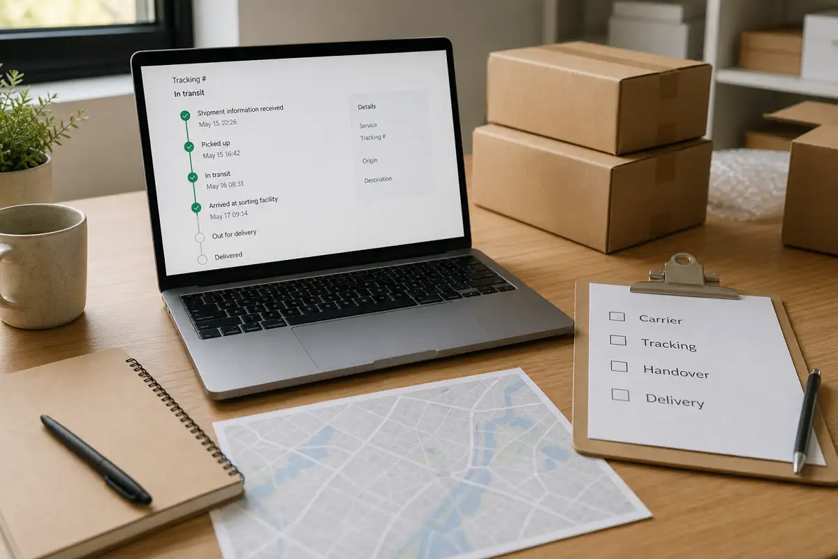 A neutral ecommerce operations desk with unbranded parcels, a tracking checklist and a route map for checking whether a carrier is legitimate.