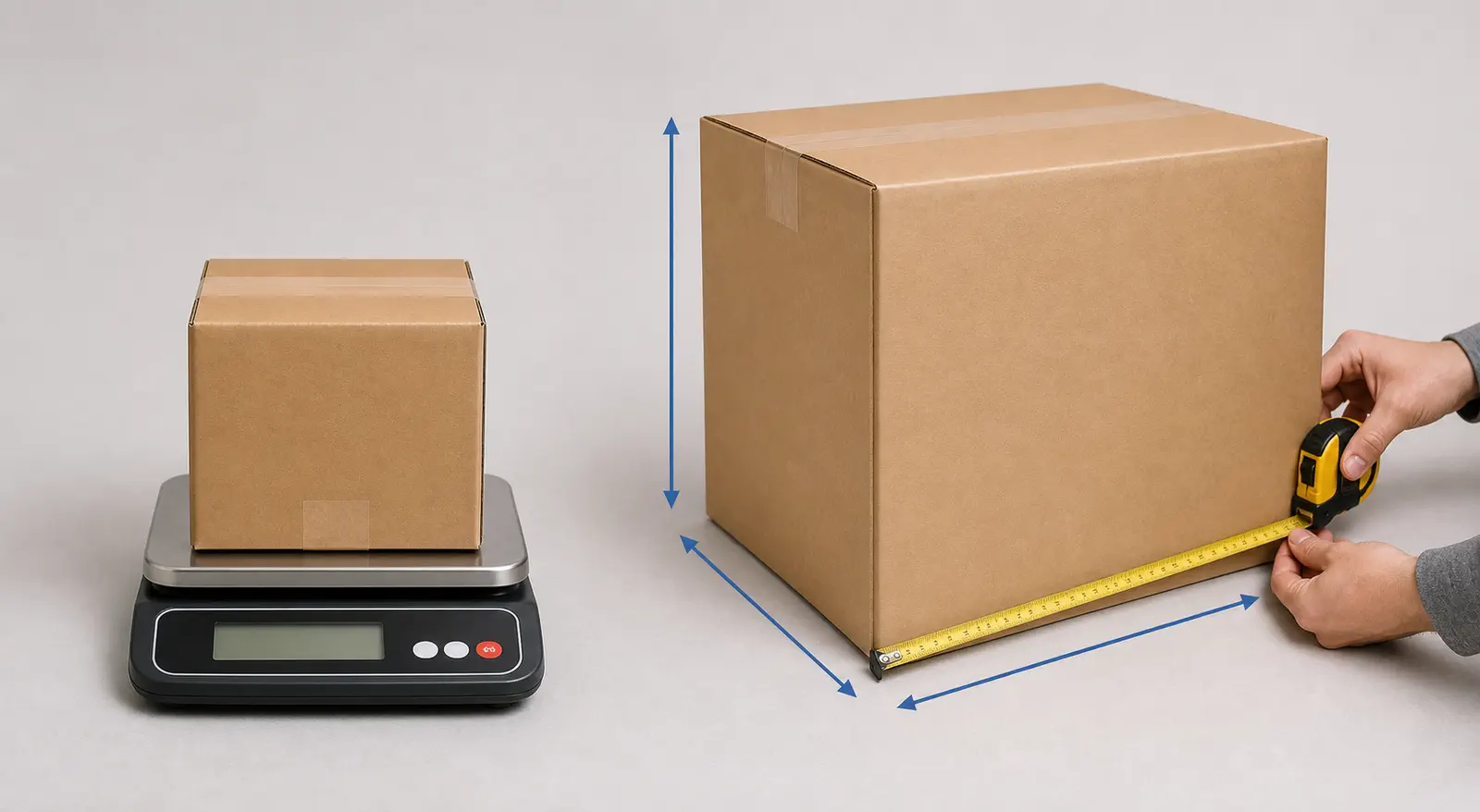 Compact parcel on a scale beside a larger parcel being measured for volumetric weight
