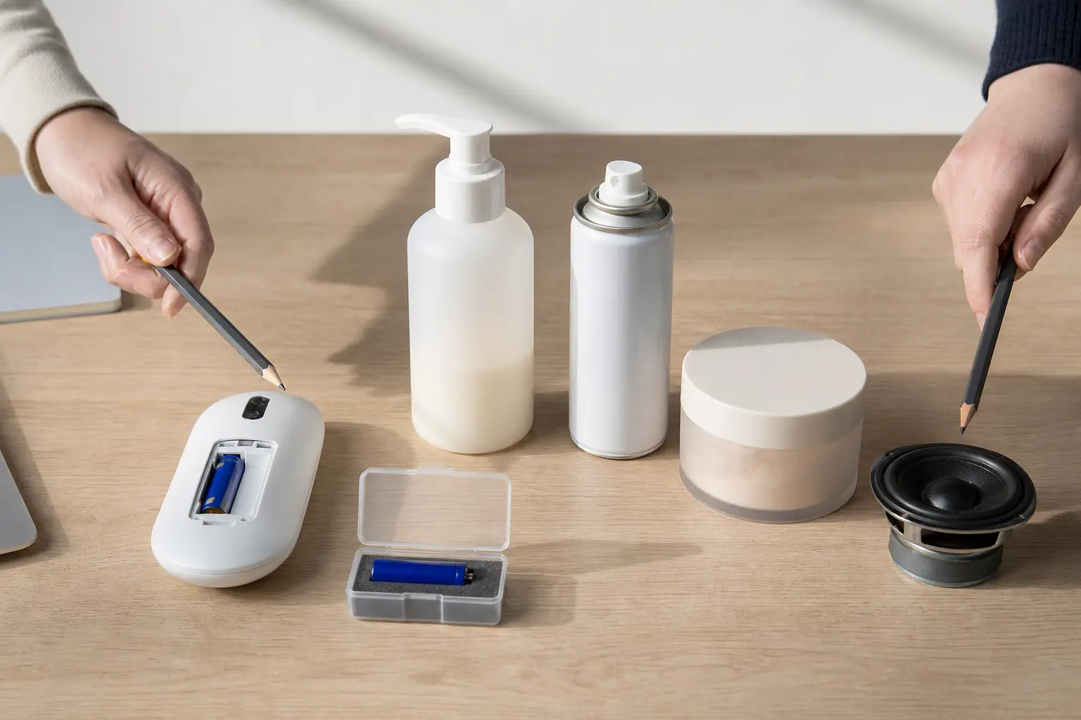 Hands comparing a battery-powered device, cosmetic bottle, aerosol can, and classification notes