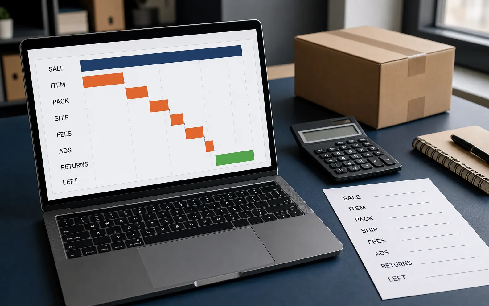 A realistic order-cost dashboard separates sale value from item, packing, shipping, fees, advertising, returns, and the amount left