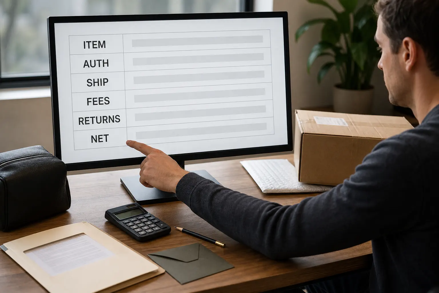 An ecommerce operator reviews item, authentication, shipping, fees, returns, and net order costs on a realistic dashboard