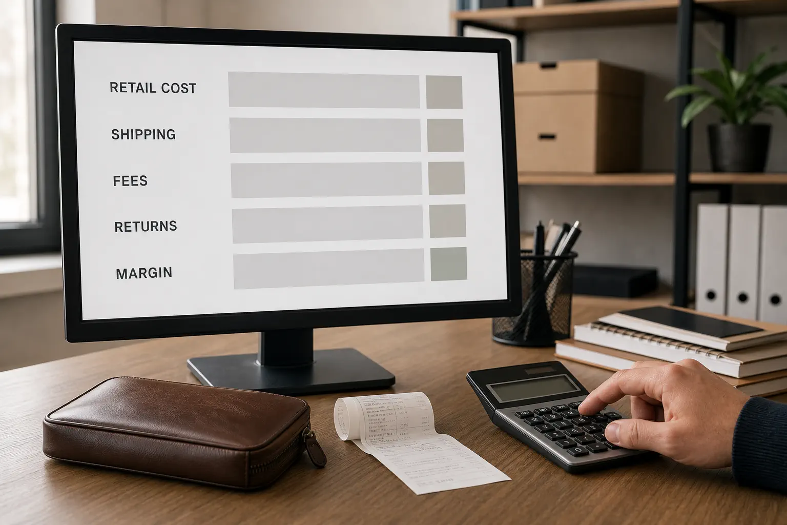 A realistic monitor shows retail cost, shipping, fees, returns, and margin beside a calculator