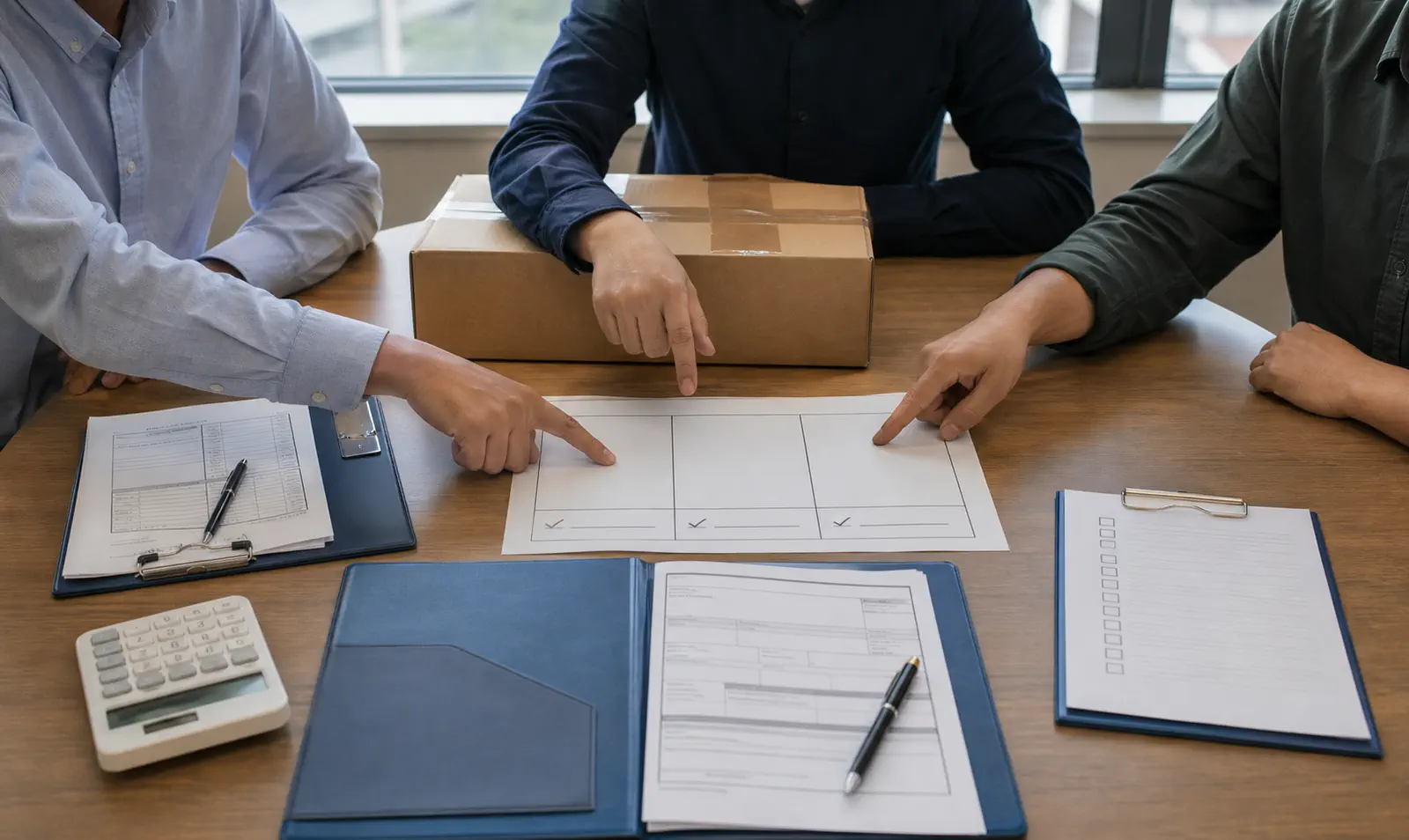 Three operators assigning seller, declarant, and import responsibilities around an unbranded parcel