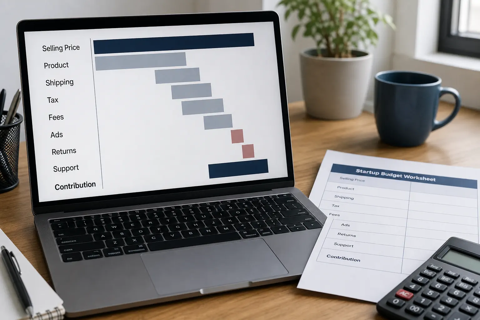 A realistic business dashboard on a laptop and printed worksheet compares a UK ecommerce order's selling price with product, shipping, tax, platform, advertising, returns, and support costs