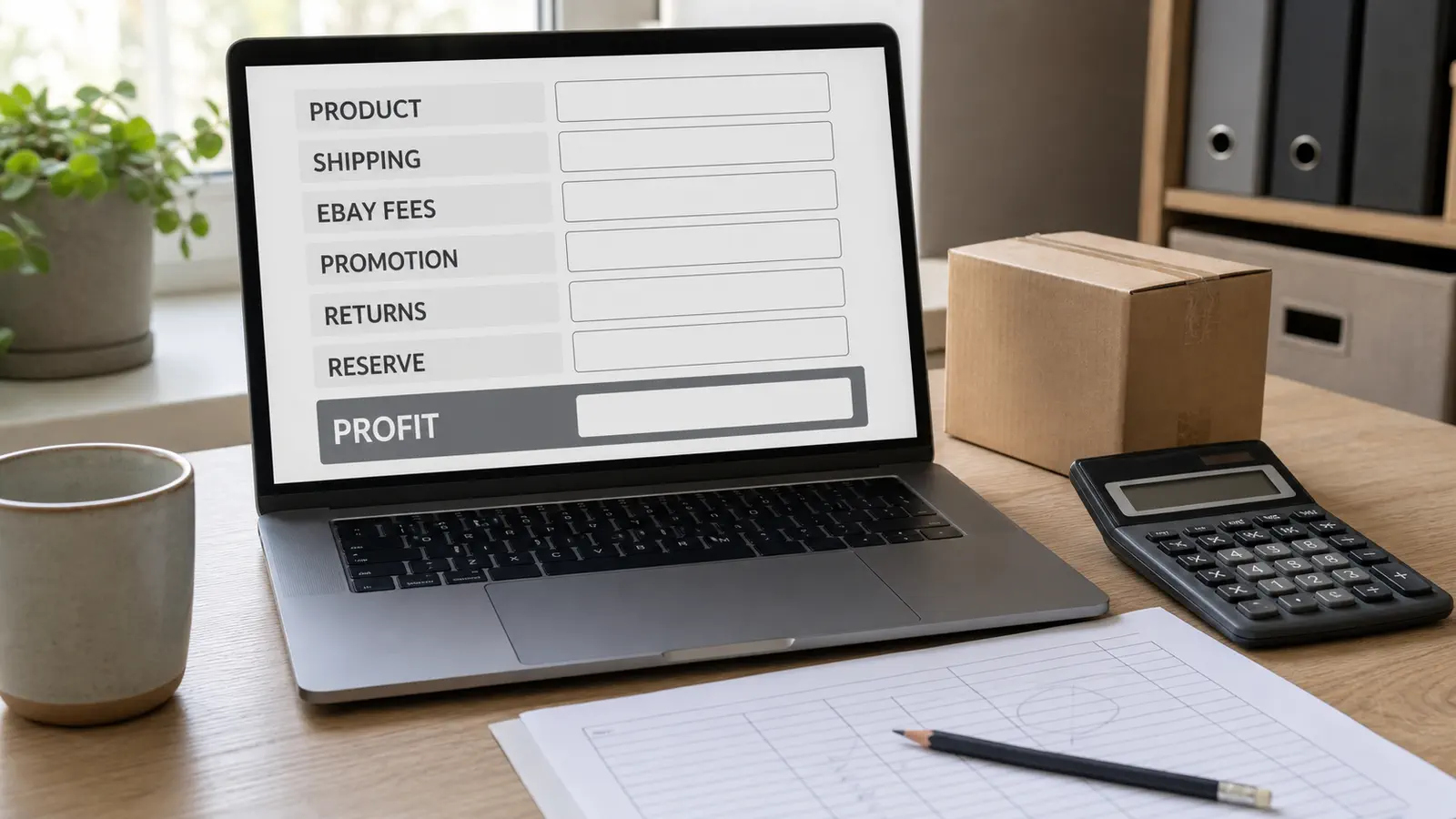 A realistic business dashboard shows an eBay order cost stack with product, shipping, platform fee, promotion, return, and reserve inputs without invented values