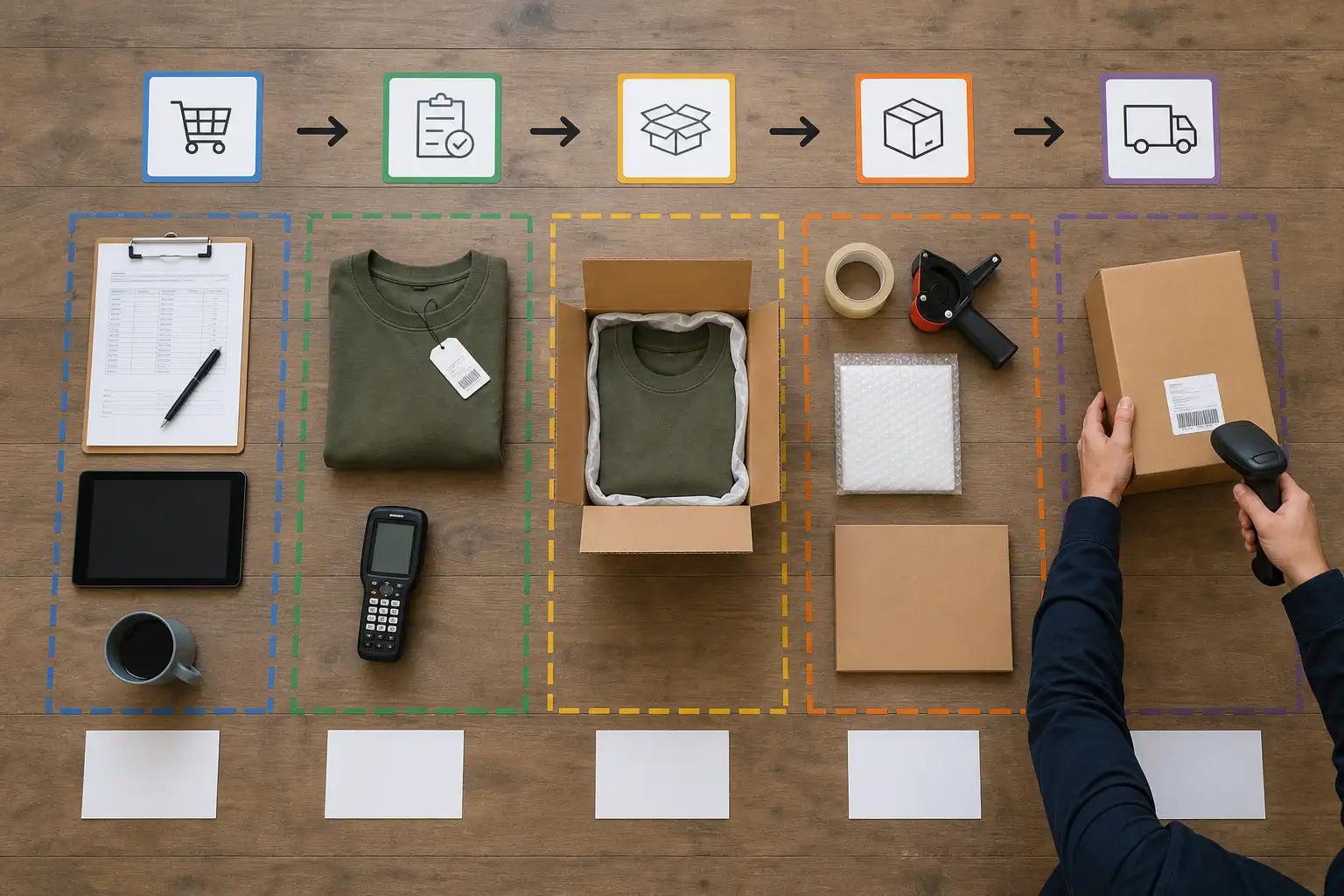 Top-down operations table mapping a Shopify order through supplier confirmation, product check, packing, and carrier handoff