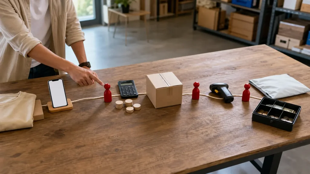 Dropshipping order journey with physical stop markers at checkout, cost, delivery, and return stages