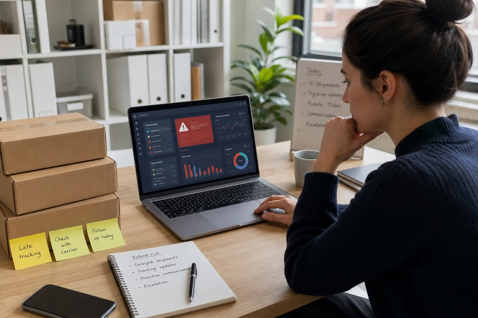 Ecommerce operations desk reviewing delayed shipment and support ticket signals