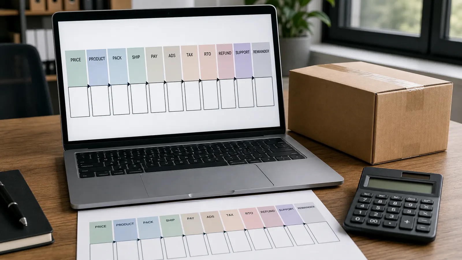A realistic business cost dashboard on a laptop and printed worksheet separates an Indian order into product, packing, shipping, payment, advertising, tax, RTO, refund, and support costs