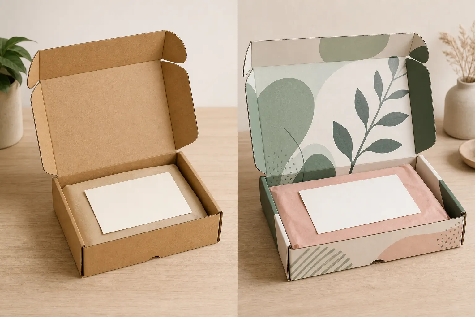 Plain shipping box with a branded card compared beside a fully printed custom box