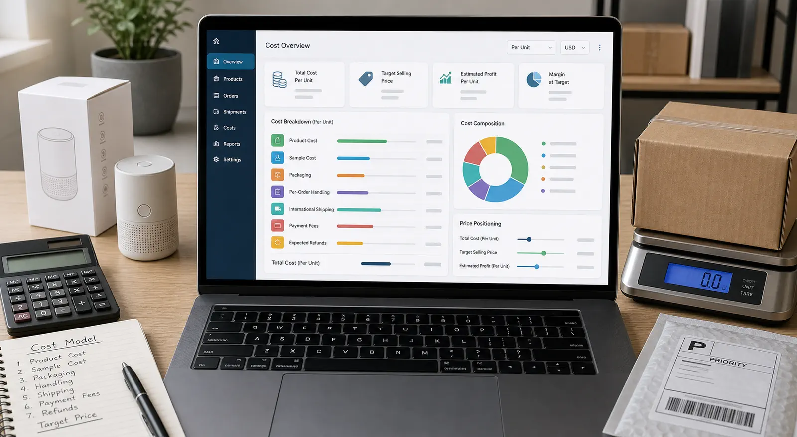 A realistic ecommerce cost dashboard compares product, sample, packaging, handling, international shipping, payment, and refund inputs