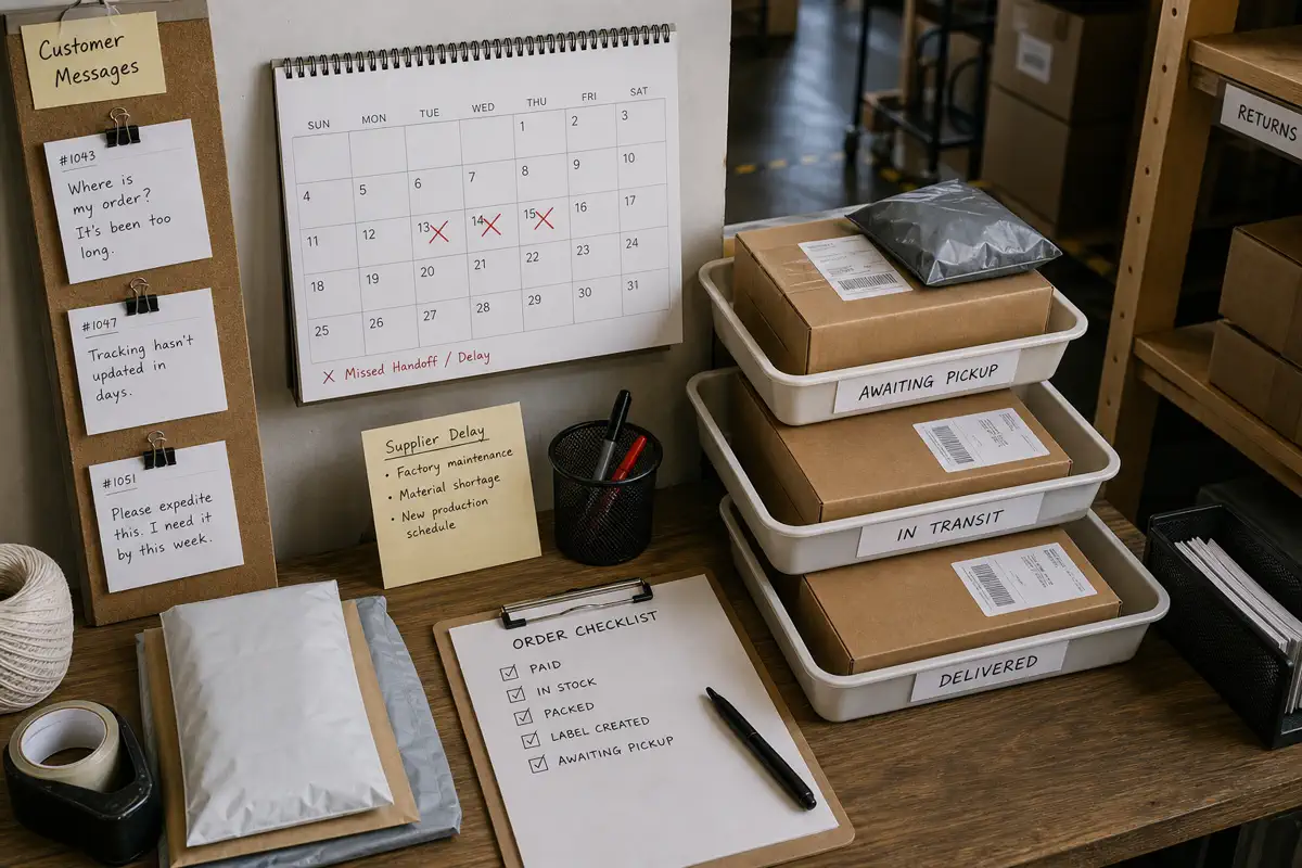 A packing counter with parcels, a handoff calendar and customer message slips showing how supplier delays can create negative carrier reviews.