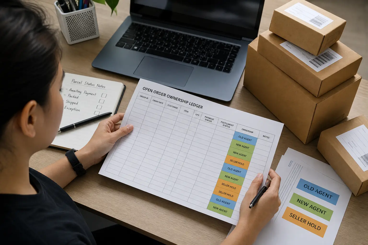 Ecommerce operator reconciling an open-order ledger beside parcel status notes