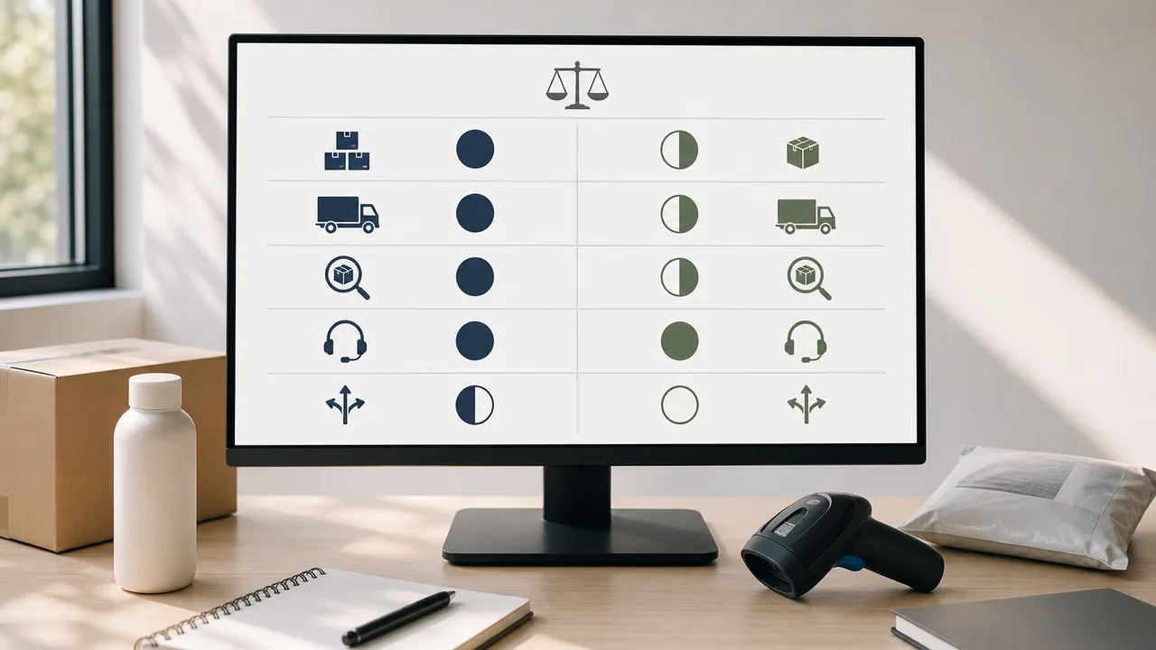 A practical dashboard compares inventory risk, delivery control, customer service, and scaling responsibilities