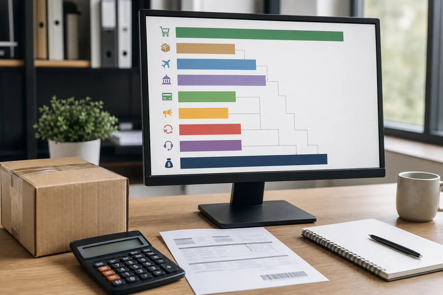 A realistic business dashboard on a desk separates selling price from product, international shipping, import, payment, marketing, return, and support costs without showing invented values