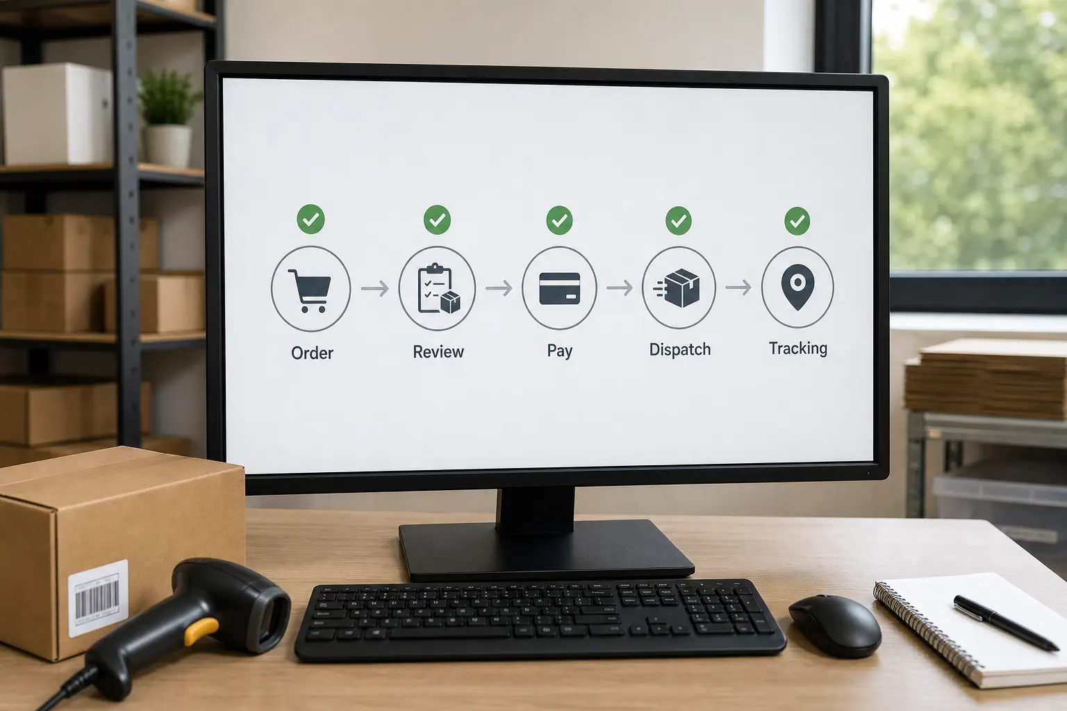 A realistic order workflow dashboard shows a Wix storefront order moving through address review, supplier payment, parcel dispatch, and tracking return